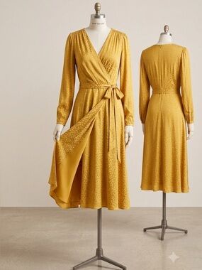 Ann Taylor Mustard Yellow Cheetah Print Wrap Midi Belted Dress Sz 2 Long Sleeve